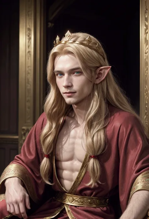 Male elf, with long blond hair and red eyes. He is a king, has a crown of sapphires, is wearing a kings red robe, and has the sword in his hand resting on his lap. He has a smile on the corner of his lip and has fox symbols in gold on his outfit. | by Edmu...