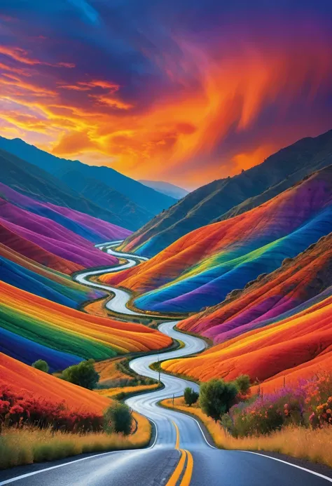 Imagine driving along a winding road through a valley where the landscape shifts with every curve. The sky above is a swirling tapestry of colors—vivid oranges, deep blues, and soft purples—that blend seamlessly into each other like a living painting. The ...