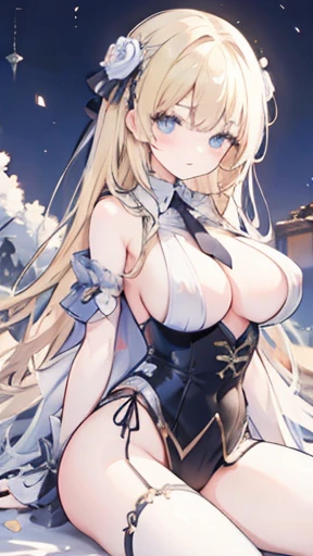 masterpiece, Highest quality, Highest quality, Official Art, beautifully、aesthetic:1.2), (1 girl), Very detailed,(Fractal Art:1.3),colorful,Most detailed,Blonde long hair,blue eyes,Moonlit Night,Rose,(Big Breasts:1.4),,Nipples,corset,Fine Jewelry,whole bod...