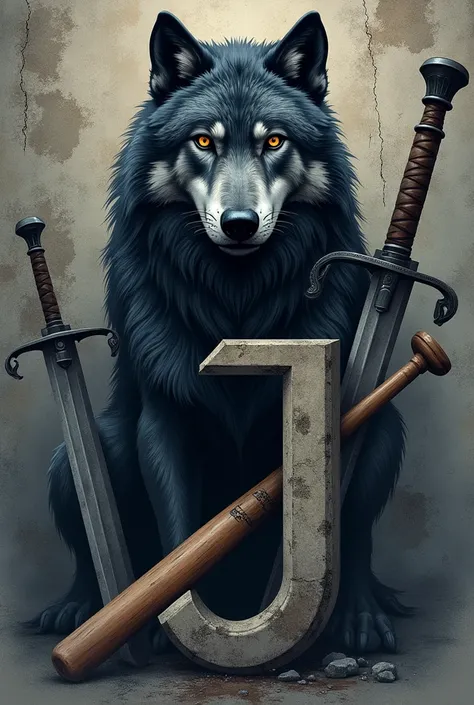 I want to create a logo , of the wolf of house Stark , a broken wooden baseball bat on the floor , passing through a path of swords around  , and a stone wall with the J of the Juventus football team in large letters