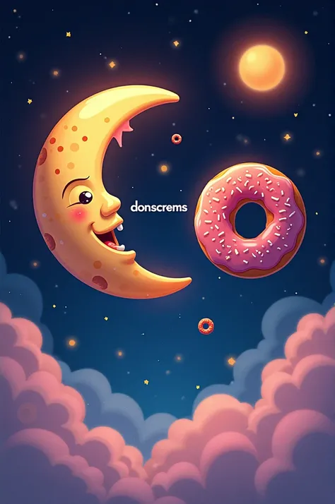 A moon next to a sun made of donuts with sprinkle stars that has the word donscrems