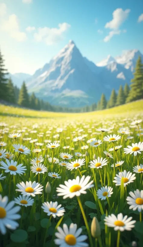 In a sunlit meadow, a sea of daisies stretches out in every direction, their white petals and sunny yellow centers creating a vibrant, natural tapestry. The gentle breeze makes the flowers sway, adding a sense of movement to the scene. In the far distance,...