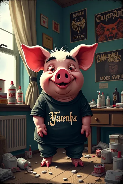 A pig drawn in cartoon art style, like the one on the cover of Mad Magazine more realistic. A pig in his messy room with bottles of xanax, messy death metal and black metal band outfits, posters de bandas com logos como bandas tipo Mayhem e Canibal corpse ...