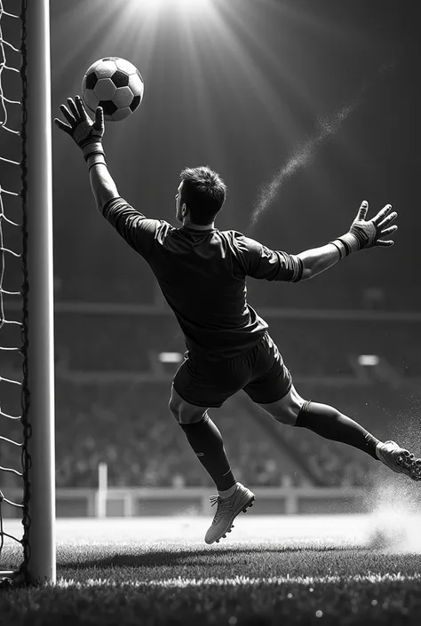 Black and white goalkeeper stopping a ball in the top left corner of a goal