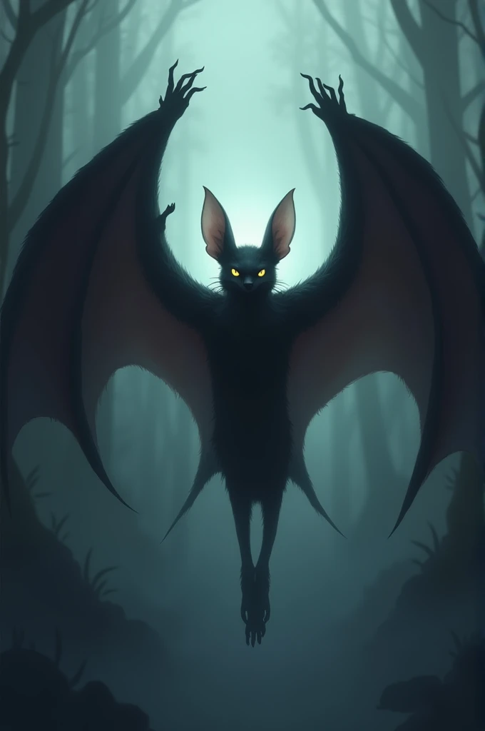 Generate an image of a bat it carries feelings and weights alone, he never gives up, he is light with the name Neguin behind