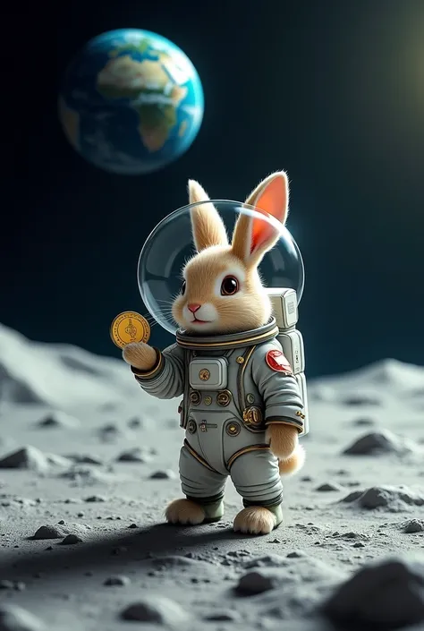 
Astronaut rabbit on the moon with coin in hand