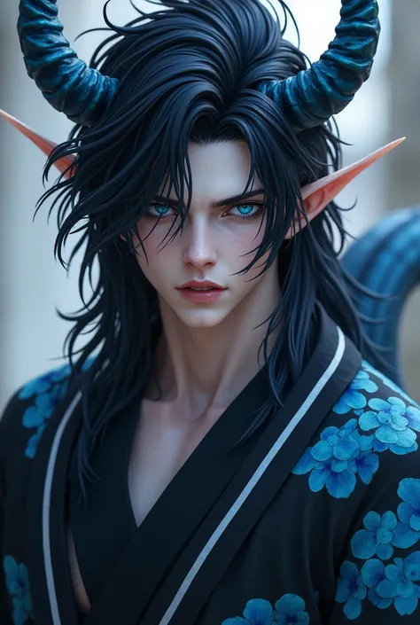 (handsome man with long black hair,crystal blue eyes pointy ears, Japanese dragon hybrid,with rounded tail and horns,black haori with sky blue cherry print,blue scales)