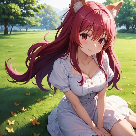 masterpiece,best quality, 1 girl, solitary, smile, smile, cherry, sunlight dappled, butterfly, grass animal ears,wolf ears,long ...