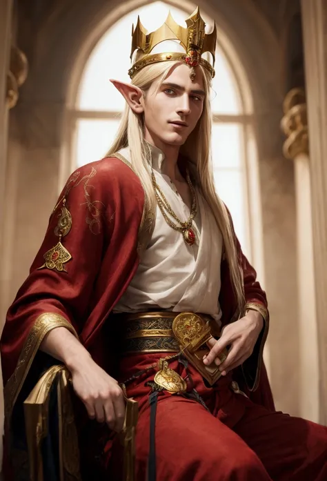 Male elf, with long blond hair and red eyes. He is a king, has a crown of sapphires, is wearing a kings red robe, and has the sword in his hand resting on his lap. He has a smile on the corner of his lip and has fox symbols in gold on his outfit. | by Edmu...