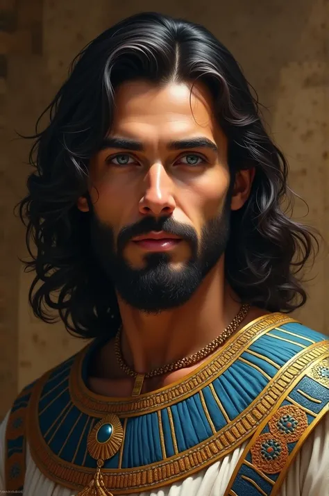 A handsome and beautiful man with a long beard, slightly long hair, blue eyes, and wearing the clothes of ancient Egyptian kings.  