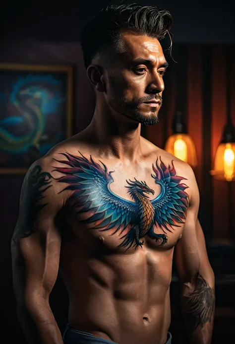 muscular man, detailed facial features, phoenix tattoo on left ribcage, dragon tattoo on back, realistic, photorealistic, extremely detailed, 8k, cinematic lighting, dramatic shadows, chiaroscuro, moody atmosphere, vibrant colors, dynamic pose, powerful ex...