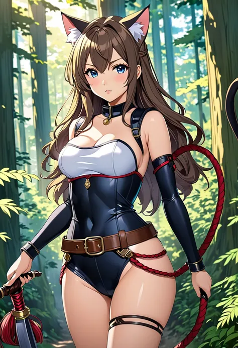 anime style, masterpiece, Best quality, girl 20 years old, cat ears and tail, Normal breast, high, long hair, in expensive, tight-fitting adventurer clothes, whip on the belt, stands in the forest, fantasy