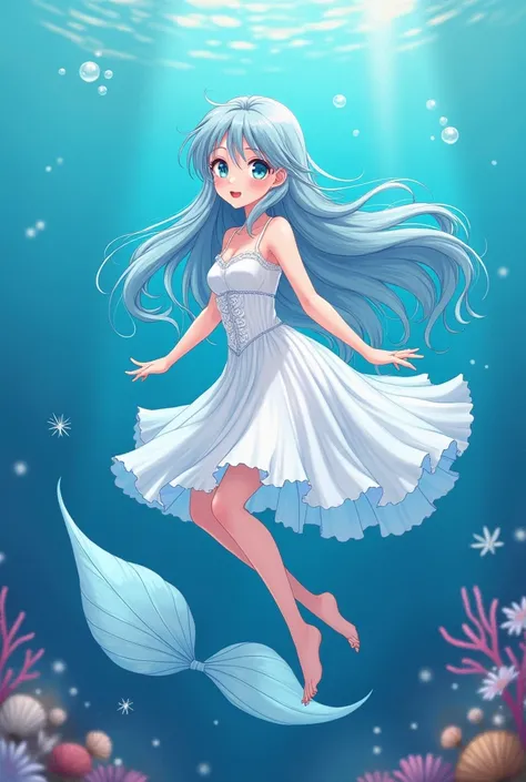 Anime illustration、high quality、masterpiece、girl、Long hair light blue、Thin like silk thread、髪飾りはshell付け流、Eyes Blue、Your eyes sparkle with white stars、The outfit is a white organza dress.、Ruffled、Small breasts、Fingers and toes precisely、The body is not tran...