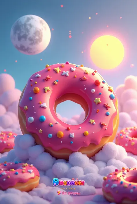 "Semi-realistic and fun image that combines elements of donuts, the moon and the sun. The background is a pastel color gradient, with shades of light blue and soft purple, that merge into a clear sky. In the middle, a giant and colorful donut, with intense...