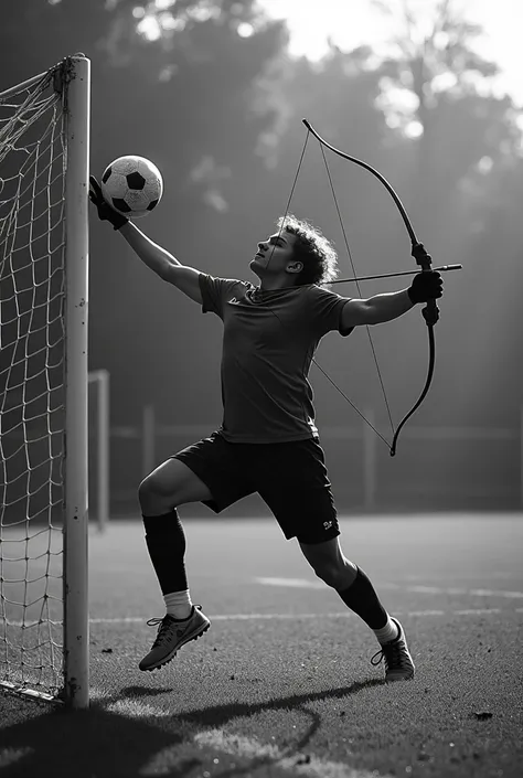 Black and white image of Archer&#39;s volada,  stopping a ball with a wrong hand in the top left corner of a goal