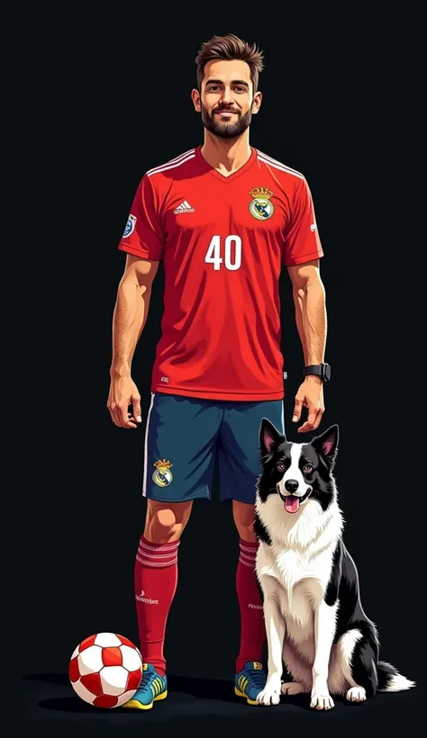 an illustration of a 40 year old man, fan of the Sao Paulo Football Club team, next to a border collie dog with a black background, white and red