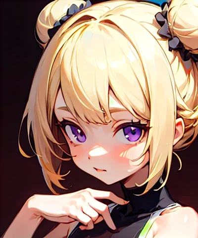 4K,masterpiece,Highest quality,Blonde,Bun Hair,girl,White bare top,Purple Eyes,cute,front