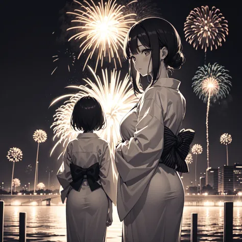 Monochrome illustration、One Girl、13 years old、yukata、sexy、Fireworks display、Backlight、