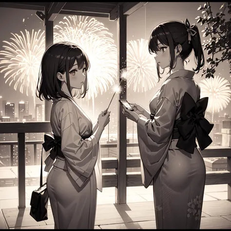 Monochrome illustration、One Girl、13 years old、yukata、sexy、Fireworks display、Backlight、