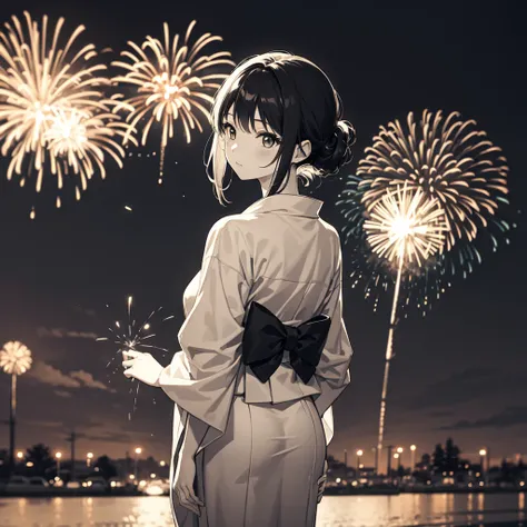 Monochrome illustration、One Girl、13 years old、yukata、sexy、Fireworks display、Backlight、