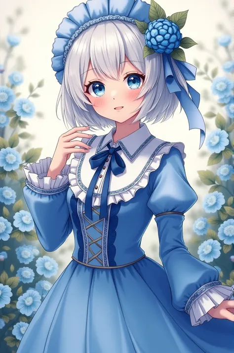 (masterpiece), (best quality), illustration, ultra detailed, hdr, Depth of field, (colorful),[[sheya]],hiten_(hitenkei),[Nachoneko], nai3 Style, 1girl, flower, solo, dress, hair ornament, blue eyes, jewelry, earrings, hair flower, looking at viewer, long s...