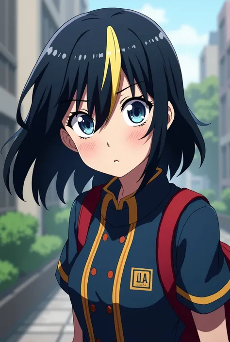 Screenshot of my hero academia. Girl with medium-long black hair with a blonde lock with blue eyes wearing a UA uniform with a UA background with a serious expression 