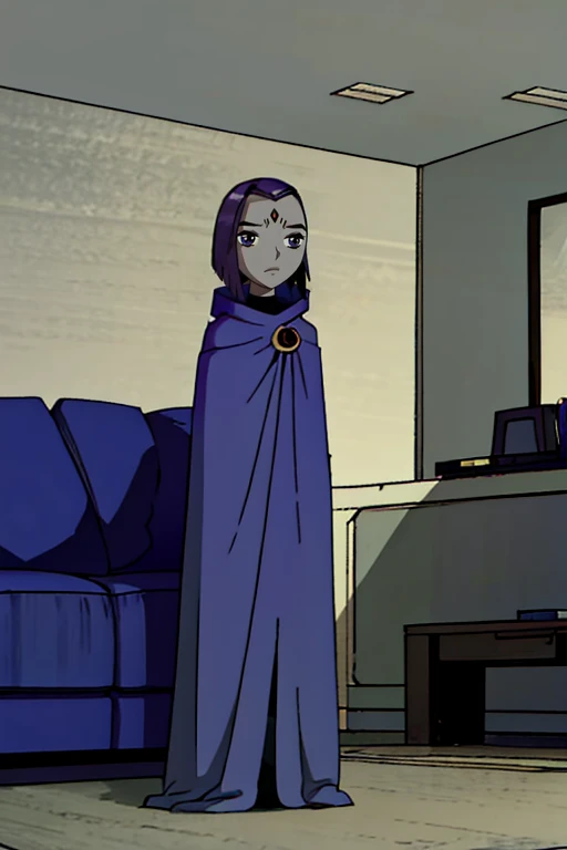 white raven, 1girl, solo, short hair, purple hair, hood, cape, colored skin, cloak, grey skin, forehead jewel, room, living room,, cape touch the ground,  
From Below, sad