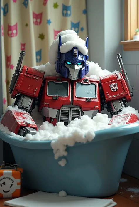 Optimus prime taking a soapy bath with shower curtains and bathing hat