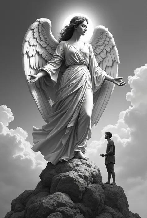 show the depiction of a beautiful female angel with open wings and a silk cloak  over here body coming down from the heaven to earth to help mankind she is located at the top of a mountain while at the bottom of the mountain is a man standig and looking up...