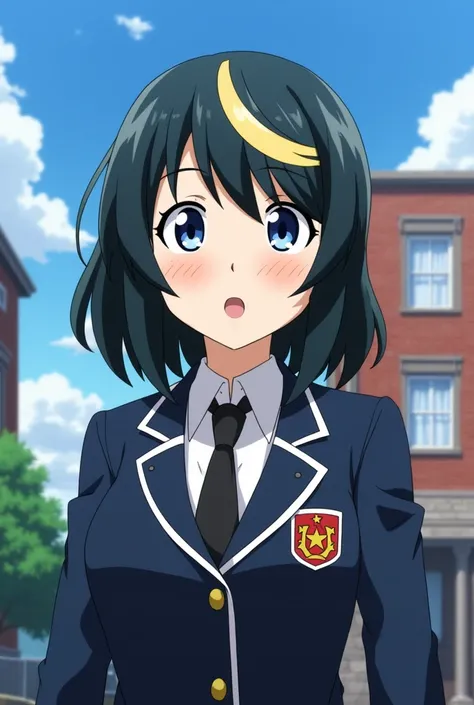 Screenshot of my hero academia. Girl with medium-long black hair with a blonde lock with blue eyes wearing a UA uniform with a UA background with an expression as if she was talking 