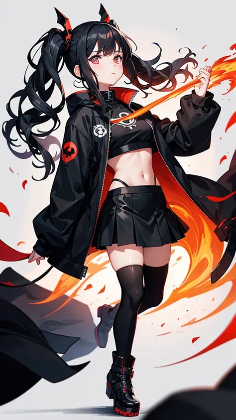 An anime girl who has fire in front of her face that forms a silhouette of the front of a skull, that he wears a black jacket, short black skirt, over the knee socks, High platform boots and dark accessories, guates rokeros, that has curly hair.