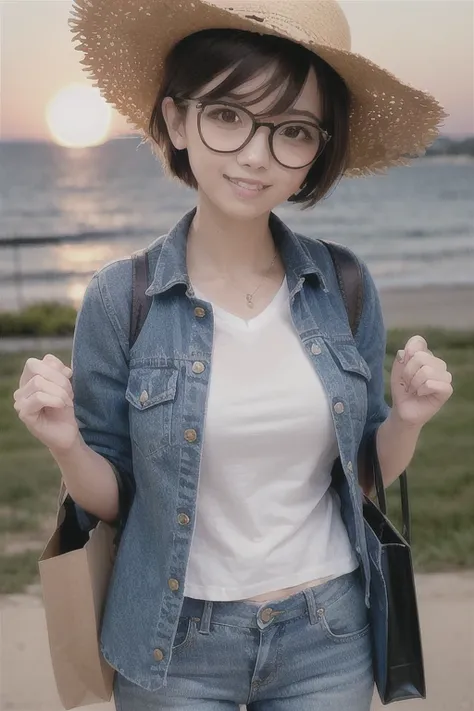 tomboy, solo, (very short hair, pixie cut, brown hair), circle-glasses, perfect female body, straw hat, denim open shirt, white ...