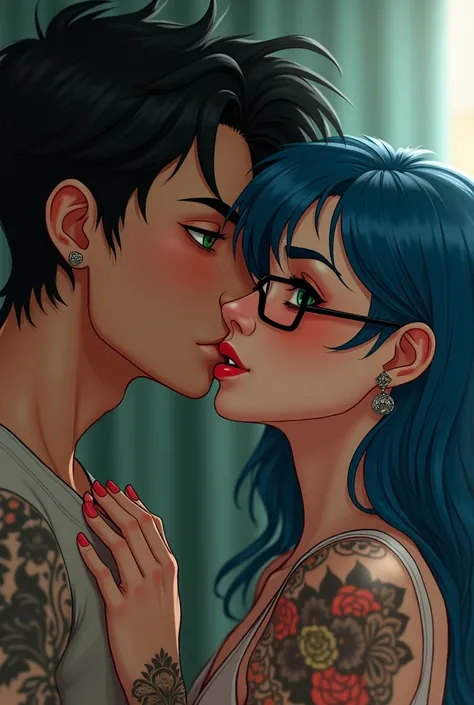  white boy with black hair and green eyes kissing tattoed ebony blue hair and glasses 