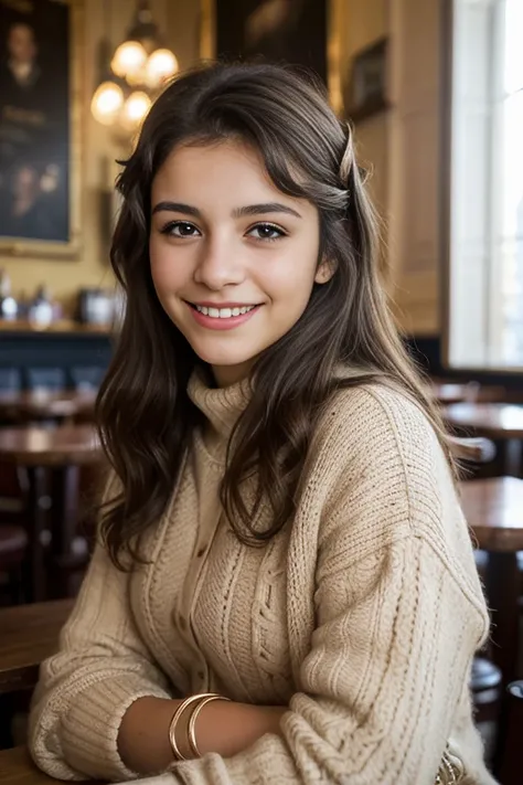 A Spanish girl , 18-age-old, beautiful girl  ,in Madrid cafe, sitting pose, winter wears,(dark brown hair , brown eye, middle curl hair, smile ),noon  ,(super detail, high details, high quality, accurate, anatomically correct, textured skin, beautiful fing...