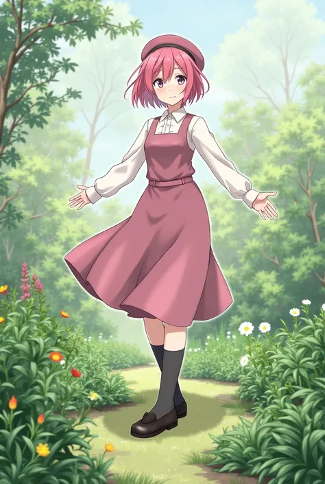 (absurdres, highres, ultra detailed, realistic),1 girl, pink hair, short hair, long skirt, long socks, black socks, beret,standing on a garden