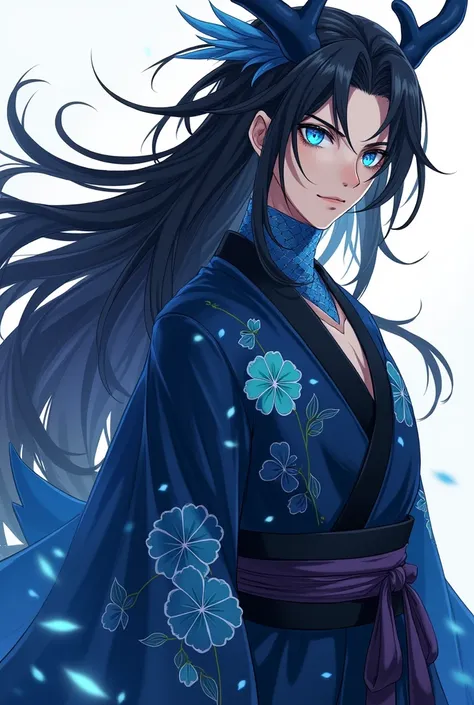 (handsome man with long black hair,Crystal Blue Eyes Japanese Dragon Hybrid,with tail and rounded horns like branches,black haori with sky blue cherry print,anime style blue scales )