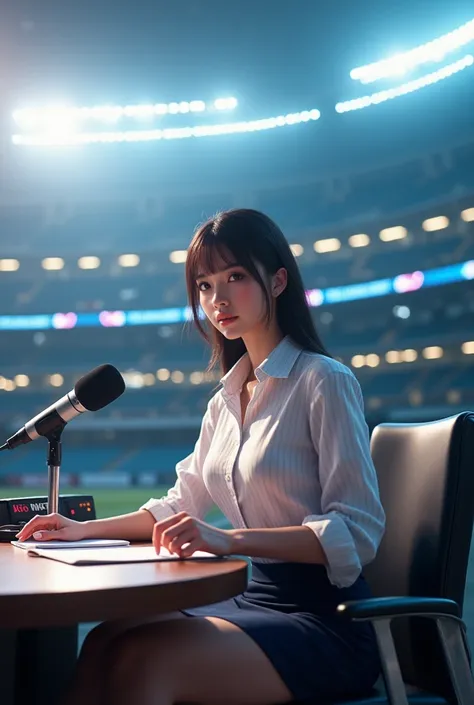 Woman sitting at a desk in front of a microphone, Instagram, Shinhanga, baseball stadium during a game, bright atmosphere, Tokyo Dome, covered!!, official media, Akira Toriyama, lightning!! (((photo, photorealism))) Adult video poster layout, (((on-screen ...