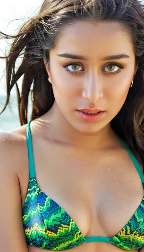  close up head and half bodyshot photo of ((shraddha kapoor)) in mini silk bikini, milfy fleshy body, free long flowing hair, masterpiece, 33 year old miof, while fucking, looking at viewer, (((showing her breast and navel))),bathing in a beach comimg out ...