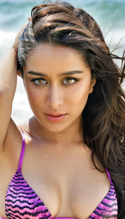  close up head and half bodyshot photo of ((shraddha kapoor)) in mini silk bikini, milfy fleshy body, free long flowing hair, masterpiece, 33 year old miof, while fucking, looking at viewer, (((showing her breast and navel))),bathing in a beach comimg out ...