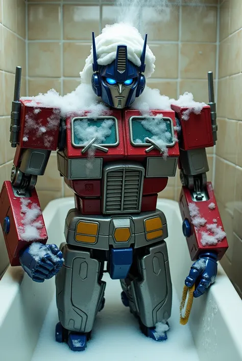 Optimus Prime soaped up covering his private parts why has he been seen taking a bath and standing with a brush and soap and a bathing cap