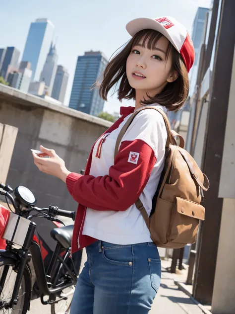 (One woman), short bob, 28 years old, Japanese, brown eyes, brown hair, slim figure, flat chest, rosy cheeks, flushed face,
Break
Clothing: Girl in pizza delivery uniform, red cap and jacket, jeans. She has a backpack with pizza boxes on her back.
Expressi...