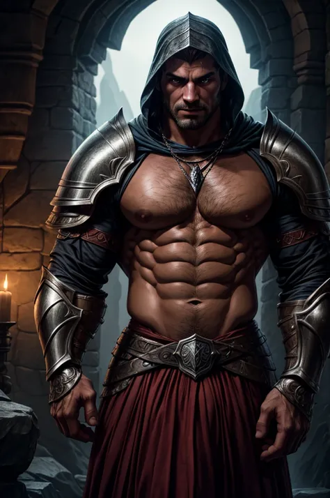 muscular knight, barechested, big pecs, six pack abs, detailed face, piercing eyes, strong jawline, rugged features, medieval armor, detailed textures, intricate designs, epic fantasy, dramatic lighting, chiaroscuro, cinematic, moody atmosphere, vibrant co...