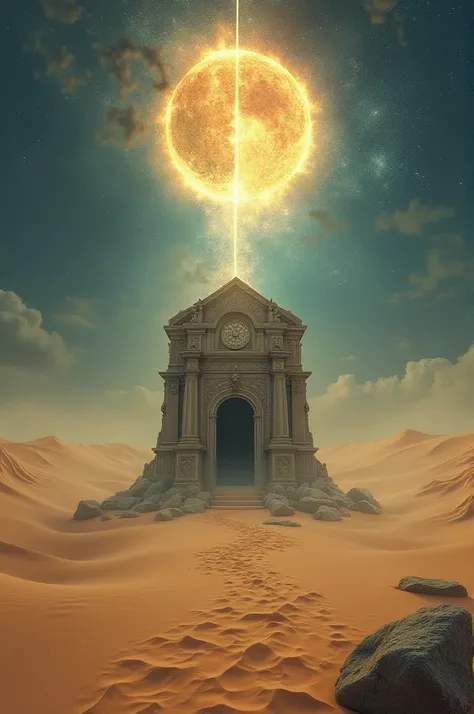 Imagine a tomb located in the middle of a vast and lonely desert. From the tomb, there is a light coming out from above, signifies the presence of spirits in the realm of Barzakh. In the sky, there are two symbols: bright light on one side (signifies heave...