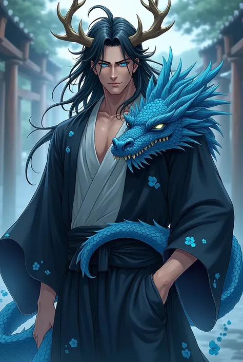 (handsome man with long black hair,Crystal Blue Eyes Japanese Dragon Hybrid,with tail and rounded horns like branches,black haori with sky blue cherry print,anime style blue scales )