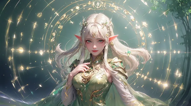 (((masterpiece, Highest quality, High resolution, Attention to detail)))), ((((Fantasy)))), One, (Elf Woman)))), (White short skirt with gold embroidery), (Long straight blonde hair), (beautiful dark green eyes)))), (Green cloak armor with gold embroidery)...