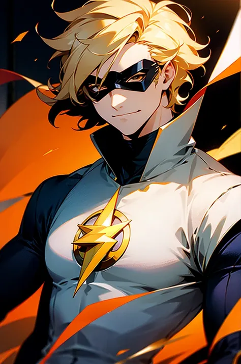 blonde hair, short hair, serious face, short hair, messy hair, street background, mature male, lean build, white and gold super hero outfit, golden mask covering eyes, flash symbol on shirt, big flash symbol, smirking, orange lighting around person
