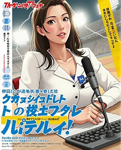 Woman sitting at a desk in front of a microphone, Instagram, Shinhanga, baseball stadium during a game, bright atmosphere, Tokyo Dome, covered!!, official media, Akira Toriyama, lightning!! (((photo, photorealism))) Adult video poster layout, (((on-screen ...