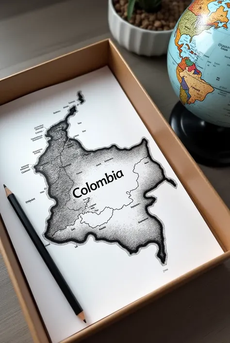 A box with a map of Colombia, earth globe, in black and white for coloring, notebook, , pencil, couple of years from colombia, telescope, forget, 