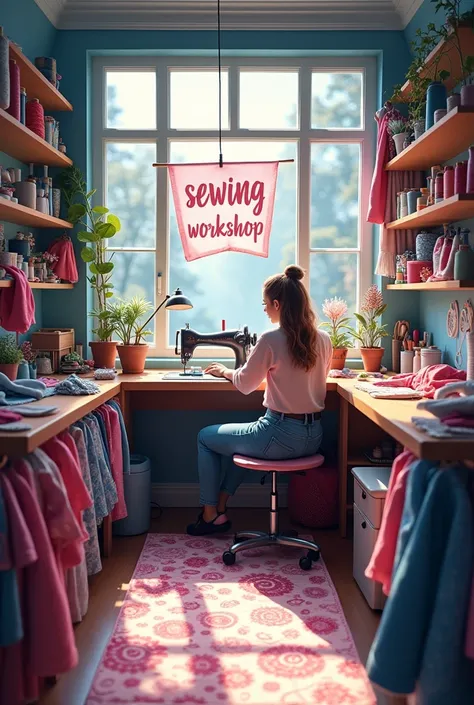 Crea una imagen de un sewing workshop con sus materiales y una máquina de coser, in pink colors, blue, black and gray, with the phrase in the center that says "sewing workshop"