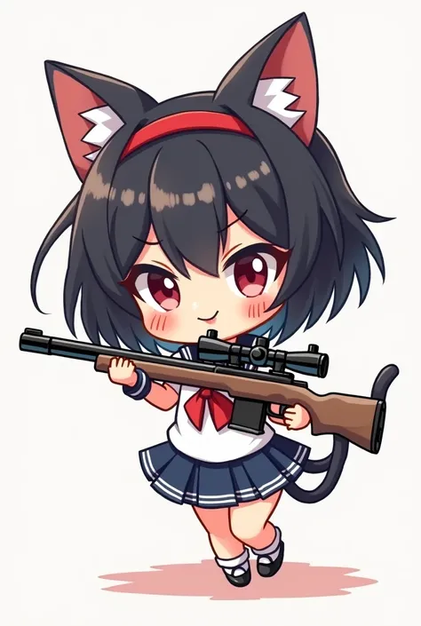 Cat　Cat耳　Chibi character　Girl　Sailor suit　sniper rifle　Black hair okata　Red ribbon　Lolita